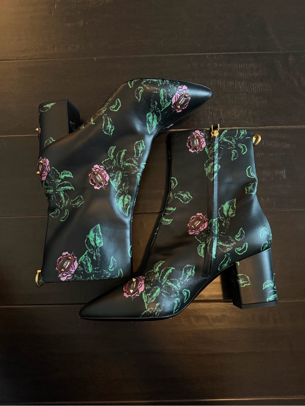 Valentino Garavani Black Ankle Boots with Pink Floral Print